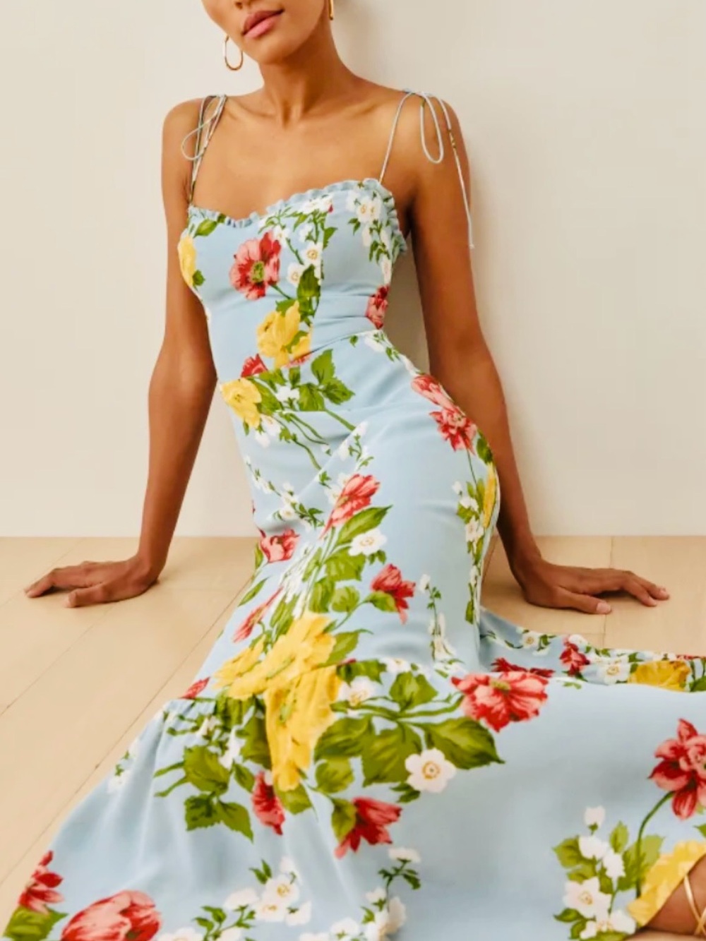 Reformation Enya Sky Blue Floral Maxi Slip Dress with Tie Straps 12 EUC